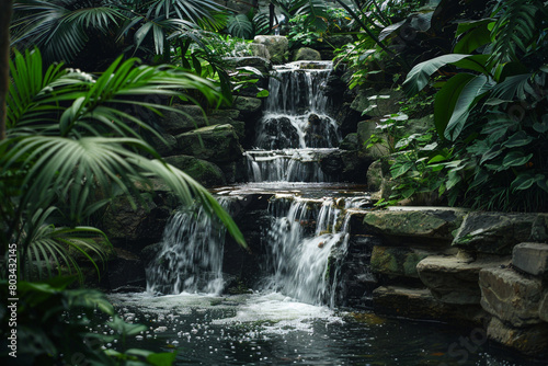 A photo of a tranquil waterfall surrounded by lush greenery  capturing the beauty of natural landscapes.