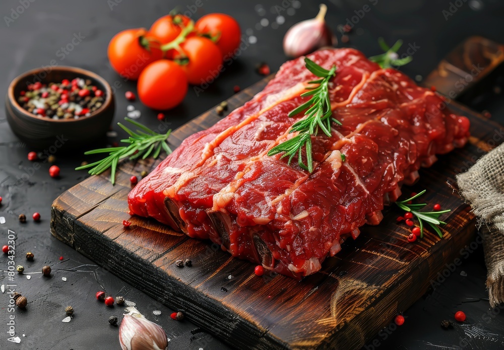 Uncooked beef brisket on wooden board