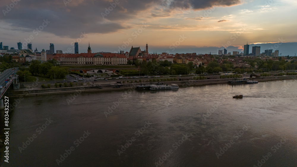 Bird's eye view of the city of Warsaw in Poland in the spring evening