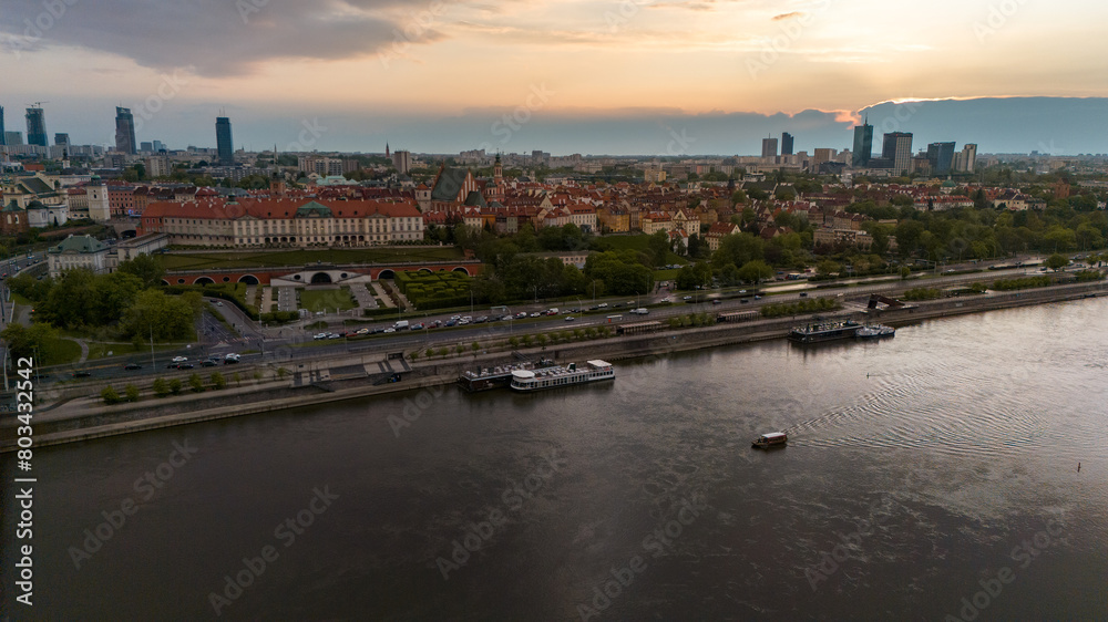 Bird's eye view of the city of Warsaw in Poland in the spring evening