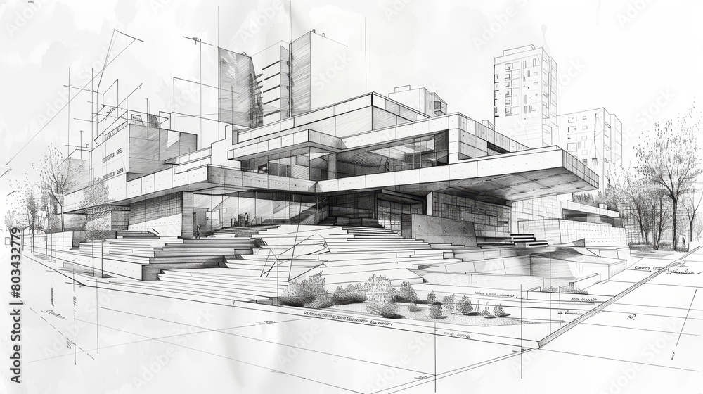 Digitally rendered drawing showcasing a modern museum's innovative architecture in an evolving urban landscape with a detailed perspective Digitally rendered drawing showcasing a modern museum's innovative architecture in an evolving urban landscape with a detailed perspective