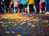 Experience the magic of a street party, colorful confetti dancing on the pavement, infusing the air with a sense of excitement and merriment.