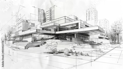 Digitally rendered drawing showcasing a modern museum's innovative architecture in an evolving urban landscape with a detailed perspective photo