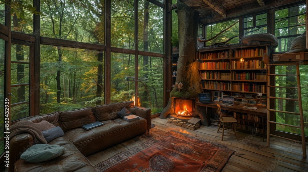 Tranquil interior of a cozy treehouse nestled in a lush forest, complete with a toasty fireplace Tranquil interior of a cozy treehouse nestled in a lush forest, complete with a toasty fireplace