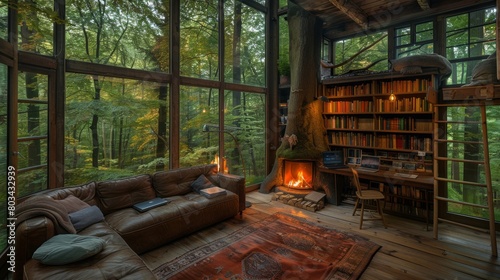 Tranquil interior of a cozy treehouse nestled in a lush forest, complete with a toasty fireplace
