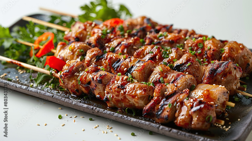 Yakitori Chicken Skewers Close-up, Authentic Japanese Grilled Chicken, Perfect for Food Magazines and Culinary Websites, High-Quality Culinary Photography with Copyspace