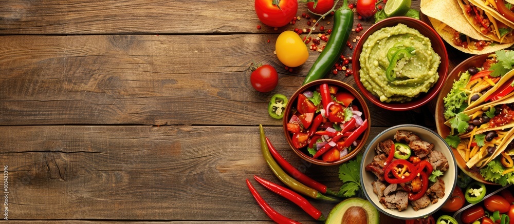 A background featuring a variety of Mexican dishes commonly served at parties, such as guacamole, nachos, fajitas, meat tacos, salsa, peppers, and tomatoes displayed on a wooden table. A background featuring a variety of Mexican dishes commonly served at parties, such as guacamole, nachos, fajitas, meat tacos, salsa, peppers, and tomatoes displayed on a wooden table.