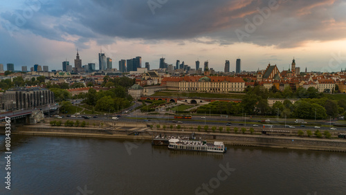 Bird's eye view of the city of Warsaw in Poland in the spring evening