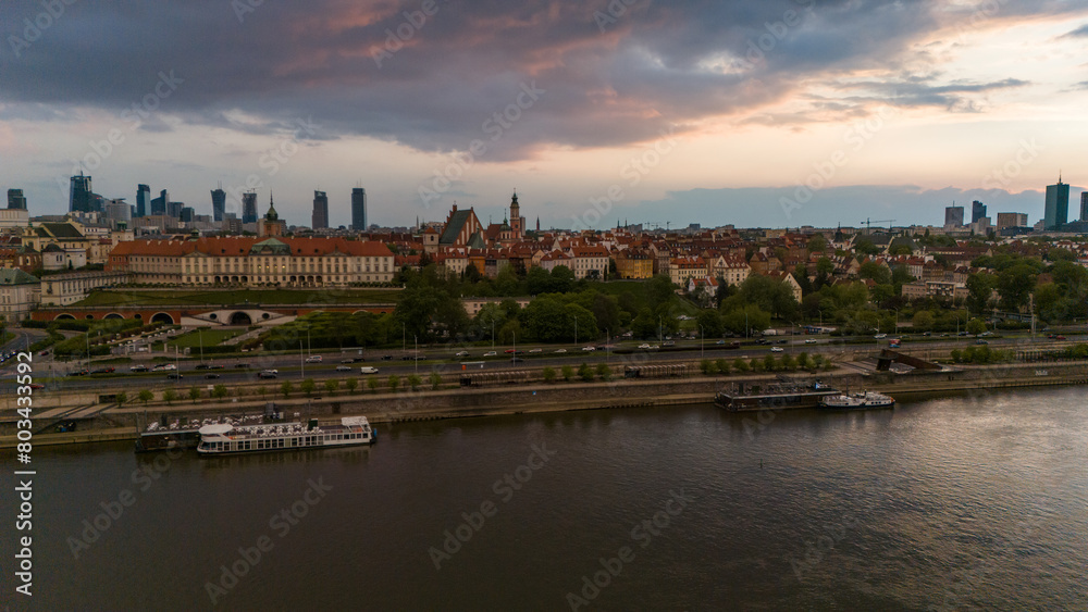 Bird's eye view of the city of Warsaw in Poland in the spring evening