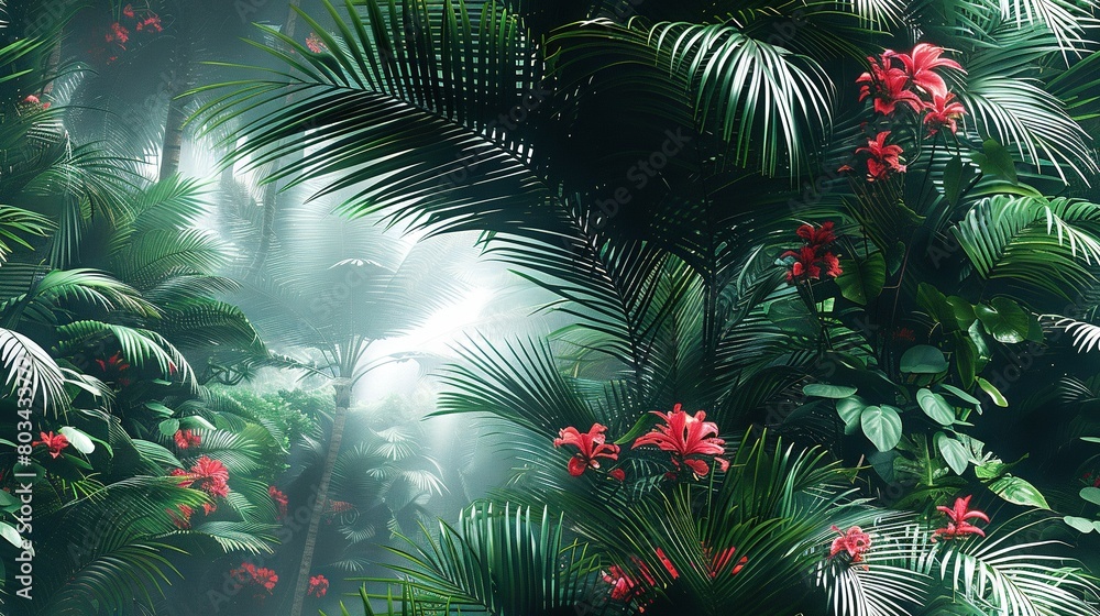 Lush green forest brimming with vibrant red flowers & foliage under warm sunlight Lush green forest brimming with vibrant red flowers & foliage under warm sunlight