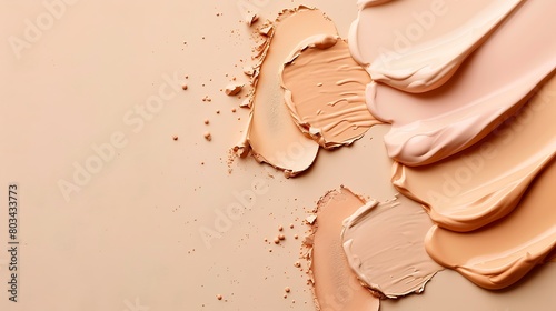 Cosmetic foundation swatch on pastel beige background with concealers and creams