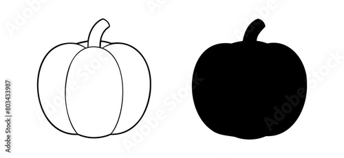 Set of Black pumpkins, silhouette and outline, illustration isolated on white background. Icon, logo, sign, pictogram. Concept of minimalist Halloween decor, seasonal graphic design, farming, harvest.
