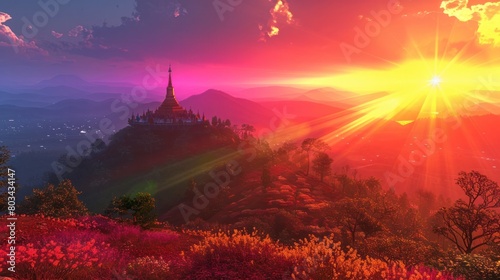 Radiant Sunset Illuminating Hilltop Temple Wat Phra That Mae Yen in Pai Mae Hong Son