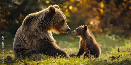 A nice male brown bear with cutie cub bear in the forest. photo