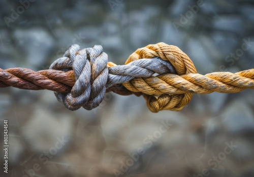 Dependence and reliance on a trusted partner symbolized by two ropes tied as an unbreakable chain, embodying strength and support in the trust concept