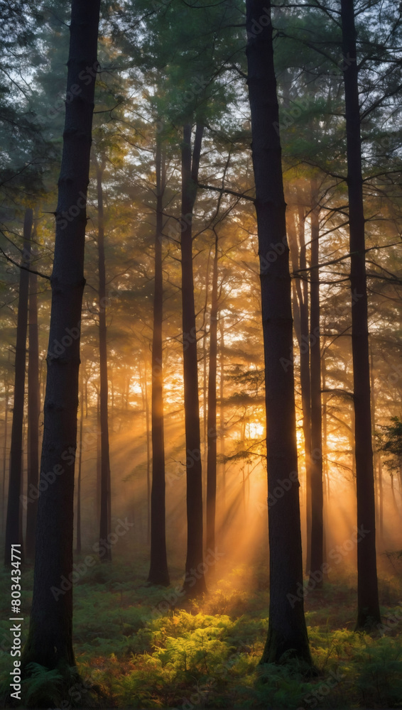 First light in the woodland, a serene sunrise painting the forest with warmth. First light in the woodland, a serene sunrise painting the forest with warmth.