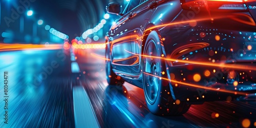 High-speed motion blur of a modern car with vibrant light trails on a city road at night