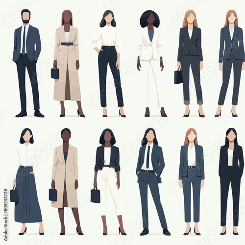 Vector illustration of group of business people standing. Diverse business people standing, men and women full length. Inclusive business concept. Vector illustration isolated on white background