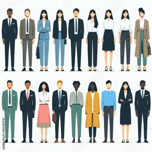 Vector illustration of group of business people standing. Diverse business people standing, men and women full length. Inclusive business concept. Vector illustration isolated on white background