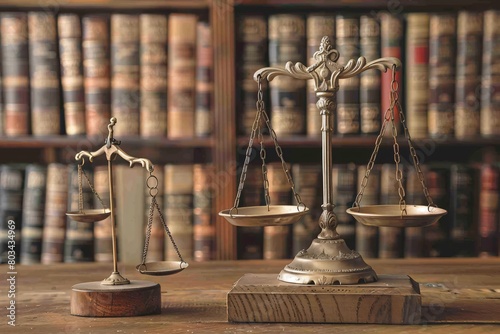 Gavel, scales of justice and books on a wooden table 