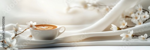 Elegant cappuccino with heart-shaped latte art on a draped white cloth with spring blossoms