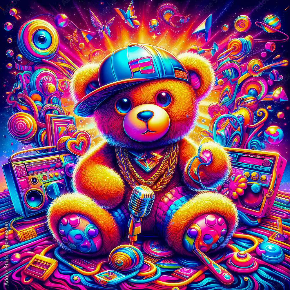 Digital art vibrant colorful cool psychedelic hiphop teddy bear