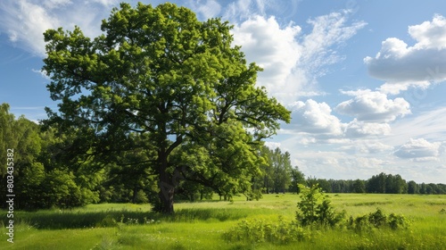 Lonely green oak tree in forest meadow