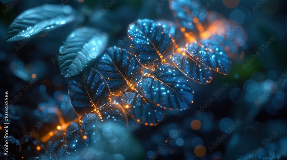 glowing tree leaves on dark blue background