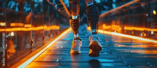 close up robot walks on a lighted walkway photo
