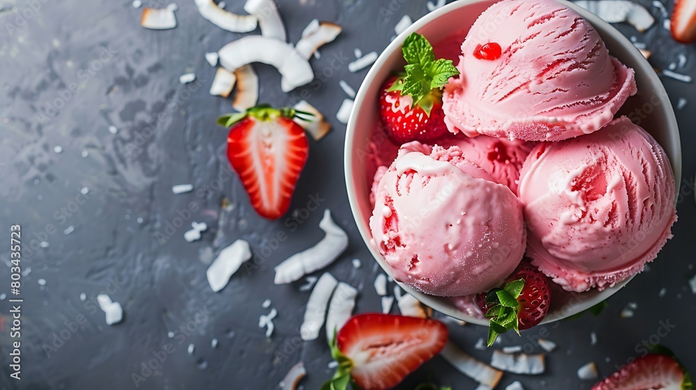 Delicious strawberry ice cream decorated with coconut flakes against grey background Delicious strawberry ice cream decorated with coconut flakes against grey background