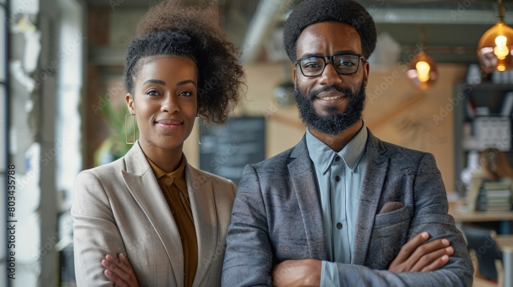 two professional business people standing in office two professional business people standing in office