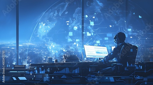Businessman working on computer with digital map of global network and data flow in office at night. Digital technology concept in the style of blue lagoon color background.  © amirfaoezan