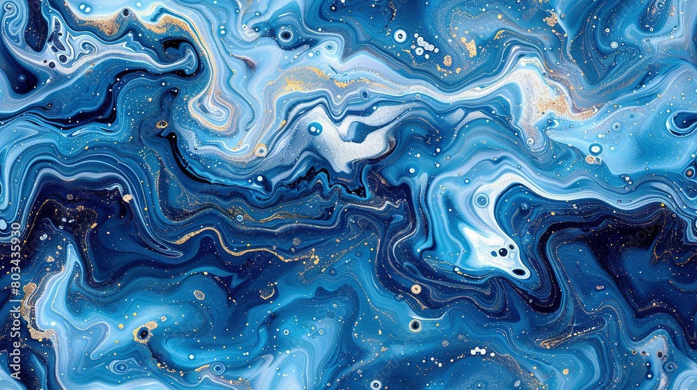   An abstract painting featuring blue, gold, and white swirls and bubbles on a dark blue-white background