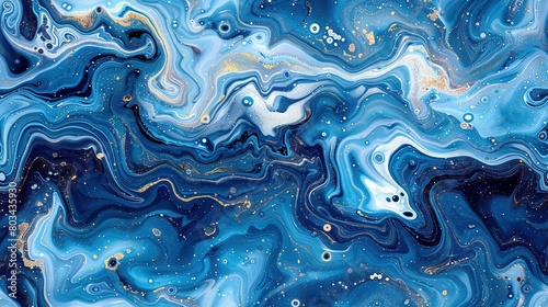  An abstract painting featuring blue, gold, and white swirls and bubbles on a dark blue-white background