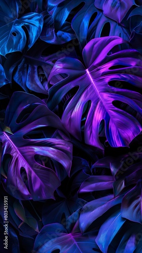 dark background, purple and blue neon light on tropical leaves, in the style of dark art, high contrast, lowkey lighting © LVSN
