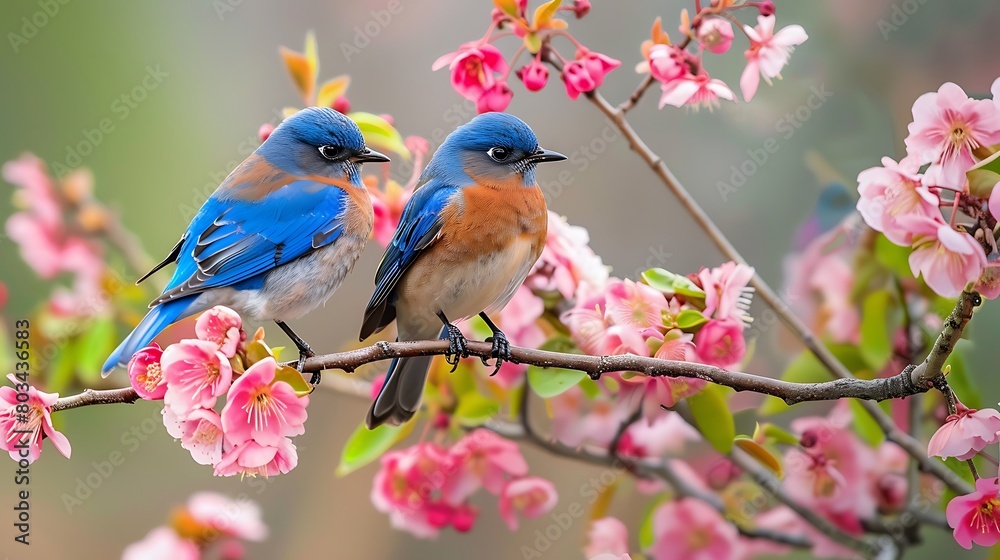 Eastern bluebirds perch on spring flowering branch