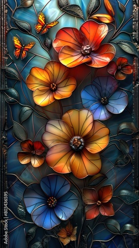 Stained glass decor featuring butterflies and flowers displayed on a deep blue canvas.