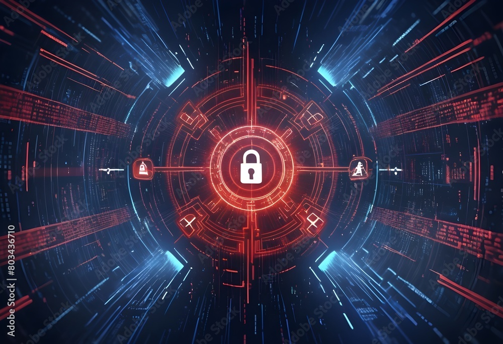 Fototapeta premium Advanced Cybersecurity and Network Protection Concept with Red Lock Symbol, Digital Encryption, Data Privacy, Internet Safety, Secure Access, Firewall Technology, Privacy Protection Interface Design