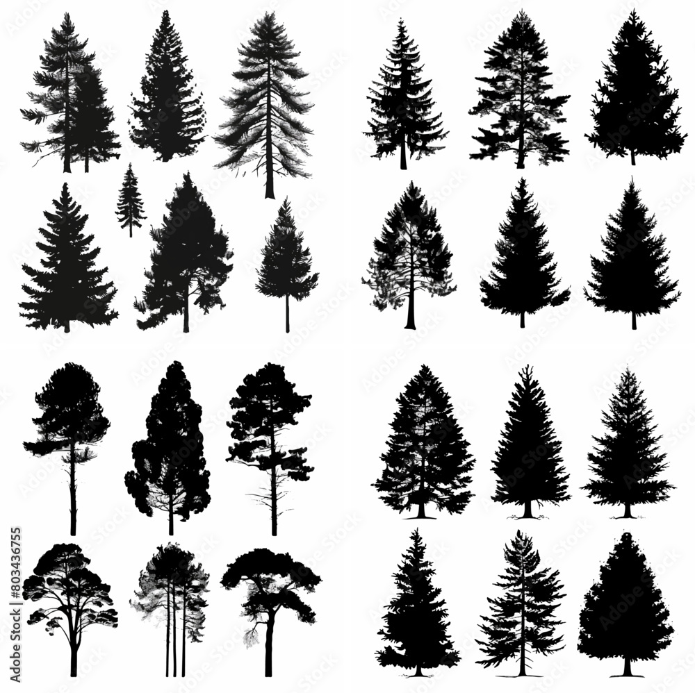 Obraz premium black tree silhouette set pure badge eco outline recreation breath emblem label protection graphic pine trunk woodland