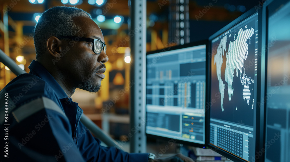 Close-up: Officer examines shipment stats on computer screen. Close-up: Officer examines shipment stats on computer screen.