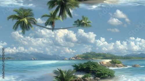   A painting captures a beach paradise  with palms swaying along the coast and an island floating in the center of the blue sea