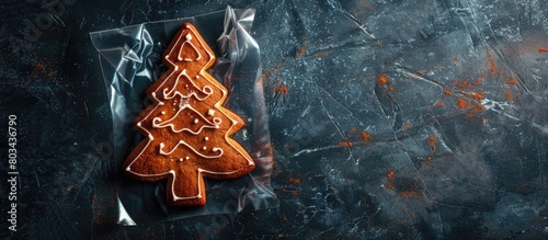 A Christmas tree-shaped gingerbread cookie in a clear wrapping on a dark tabletop, symbolizing a festive holiday present. photo