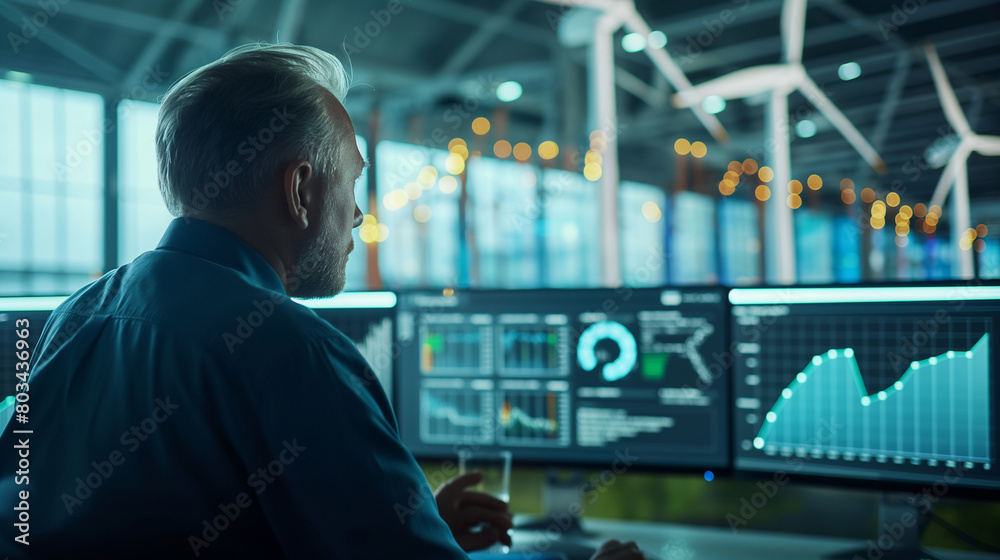 Fototapeta premium Close-up: Analyst reviews energy data amidst wind turbines.