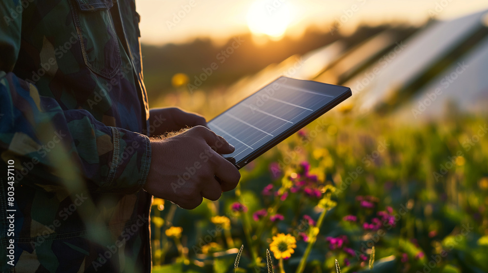Close-up: Analyst analyzes solar panel stats on tablet.