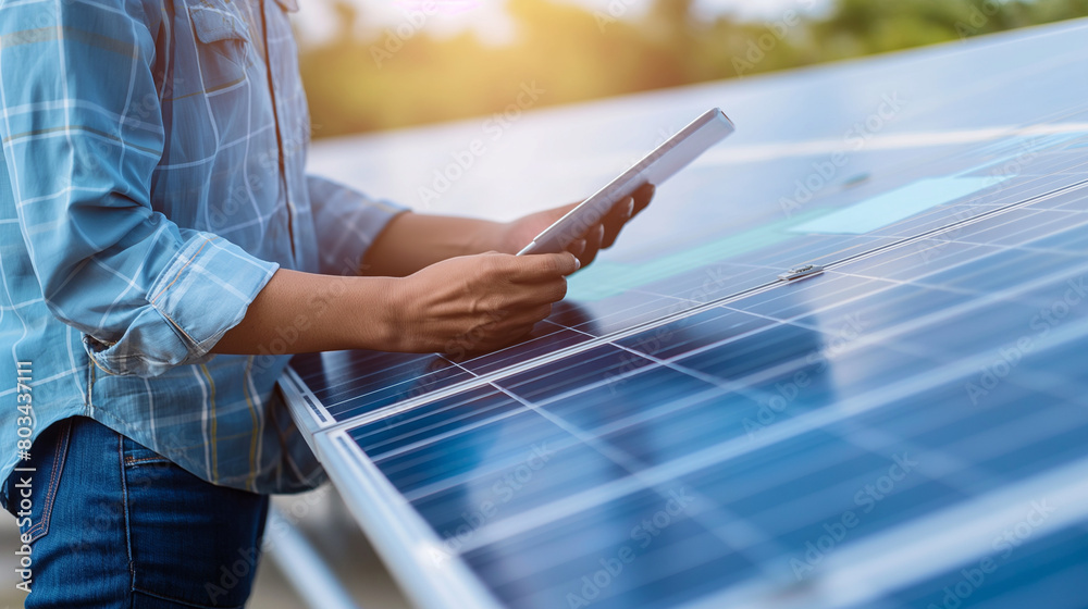 Close-up: Analyst reviews energy data amidst solar panels. Close-up: Analyst reviews energy data amidst solar panels.