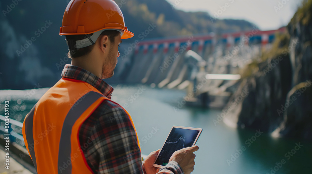 Close-up: Analyst with tablet, hydro station in background, analyzing data. Close-up: Analyst with tablet, hydro station in background, analyzing data.