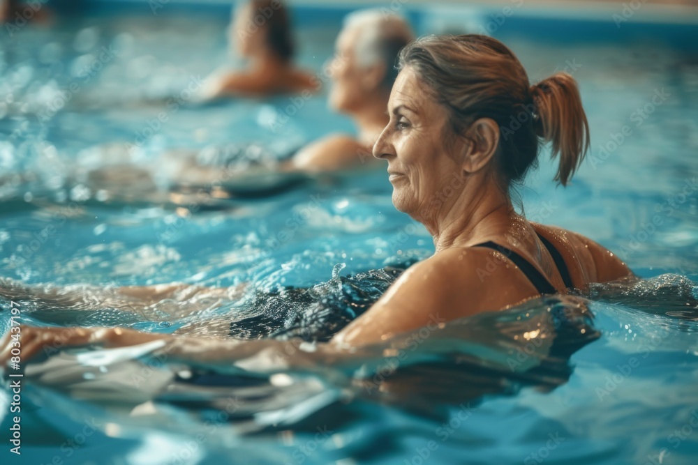 Smiling senior woman participates in a water aerobics class, surrounded by peers, enjoying the benefits of low-impact exercise in the comforting environment of an indoor swimming pool