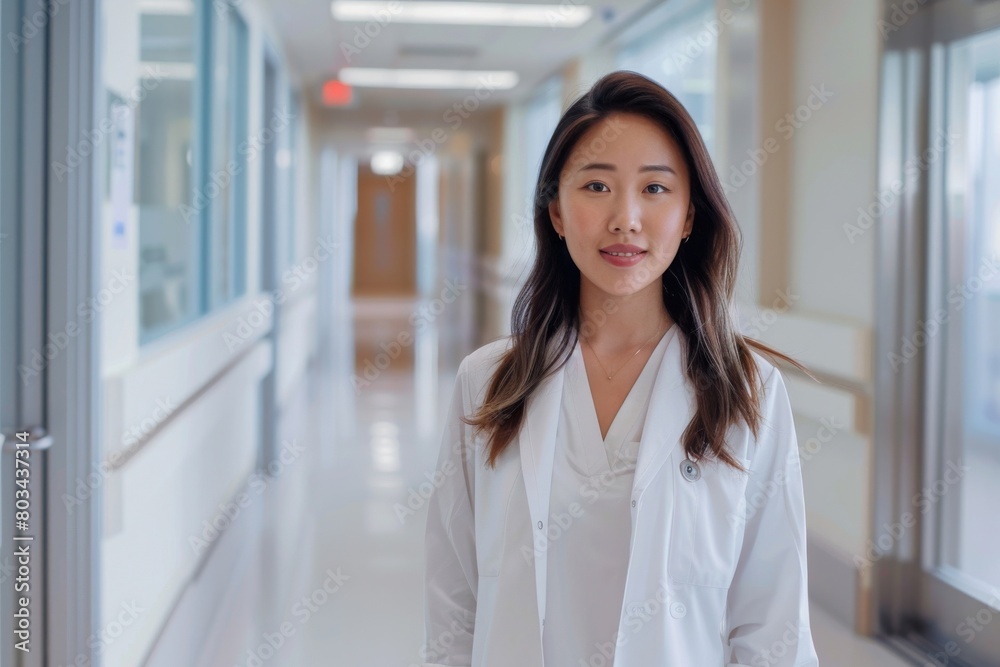 Professional female healthcare worker stands in a bright hospital corridor, exuding confidence and readiness, representing dedicated medical staff in modern healthcare settings Professional female healthcare worker stands in a bright hospital corridor, exuding confidence and readiness, representing dedicated medical staff in modern healthcare settings