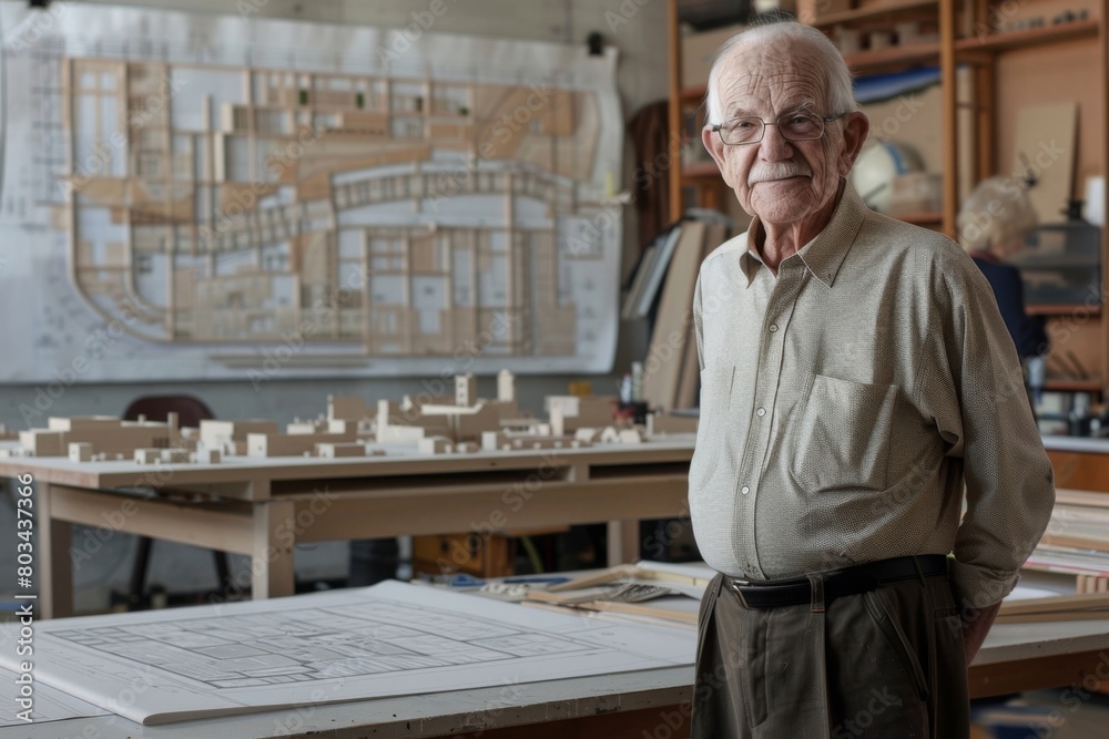 Experienced elderly architect stands proudly in his workshop with a ...