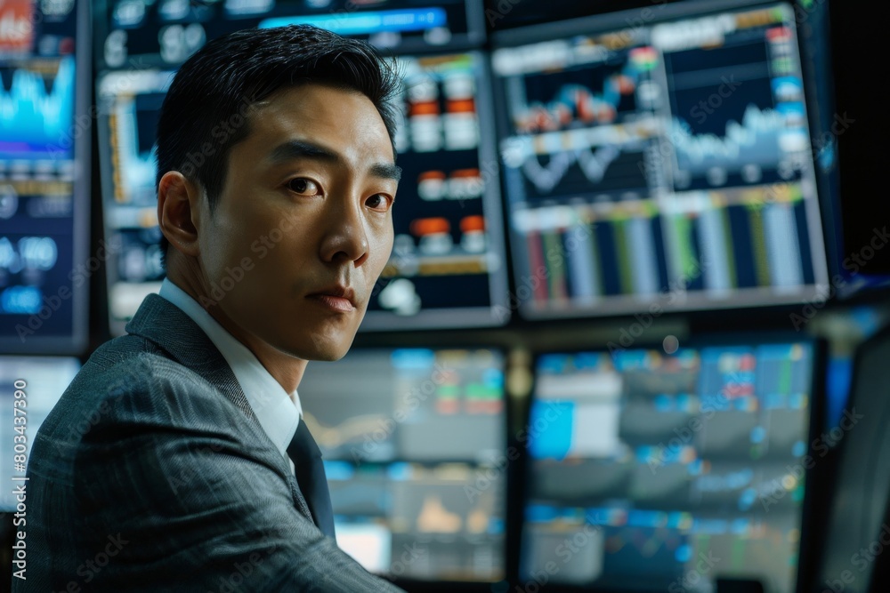 Attentive male financial analyst in a sharp suit looks over with determination, surrounded by multiple screens displaying dynamic stock market data in a modern trading control room Attentive male financial analyst in a sharp suit looks over with determination, surrounded by multiple screens displaying dynamic stock market data in a modern trading control room